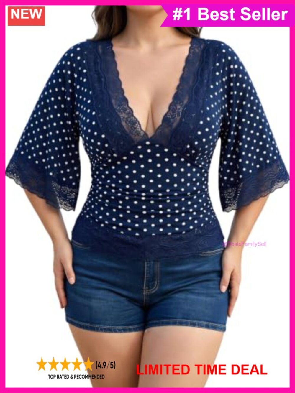 Plus Size Polka Dot Lace Trim Deep V-Neck Blouse Half Sleeve